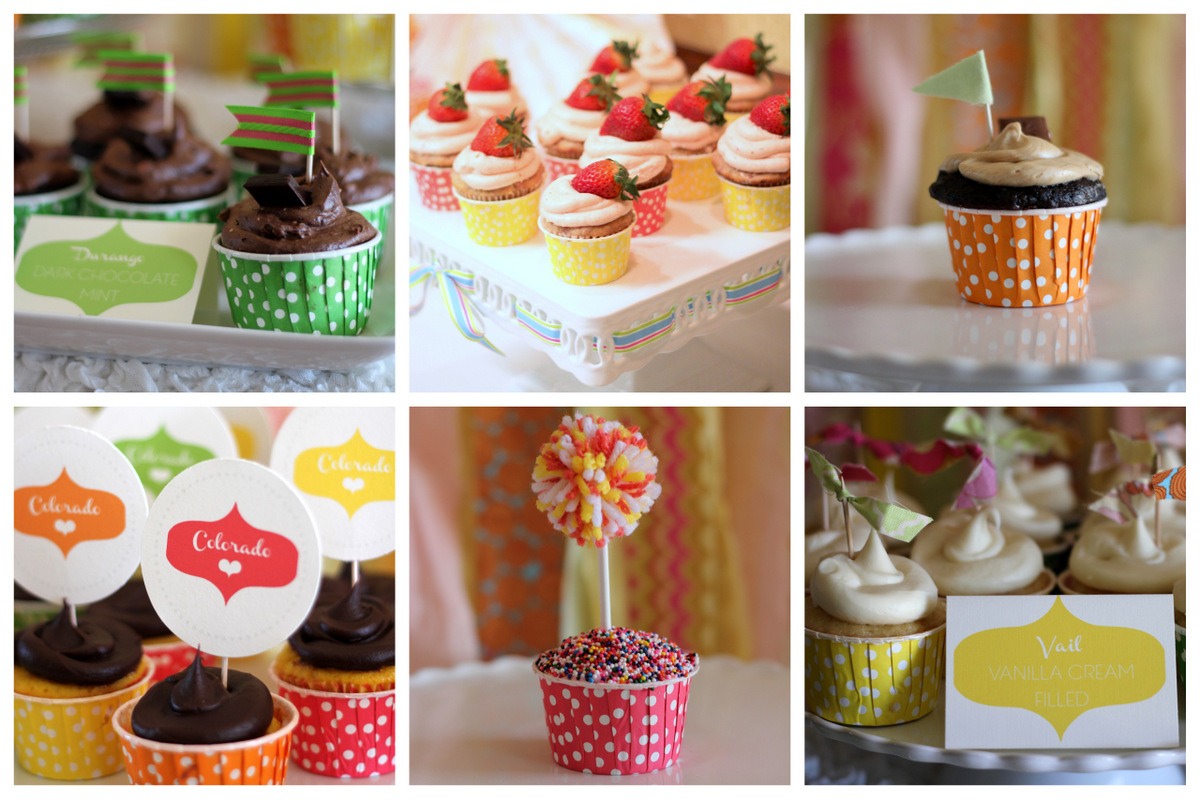 5. Use cupcake toppers. These are secret weapon of treat buffets- they add height, tie in your theme, are easy to make, and are just so darn cute! Ribbon flags, punched circle toppers, tied fabric bows, fabric flags, and patterned paper all make great cupcake toppers.