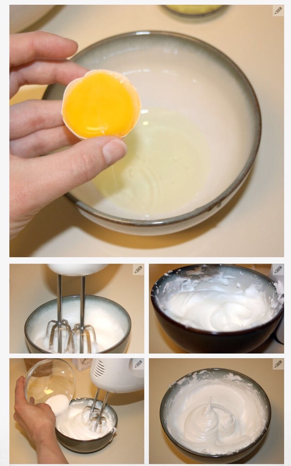 Separate egg white into a bowl
Whisk the egg white with a hand-held electric beater until stiff peak.
Add the sugar, a tablespoon at a time, and continue whisking to a soft meringue.