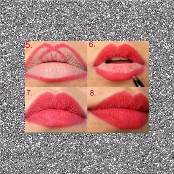 Step two:
Line your way across the outside of the lips, then start to bring it in to the centre leaving them a light red☺️