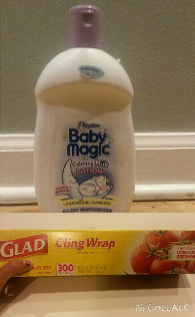 People usually use a bunch of stuff. Well I just used Glad Cling Wrap and baby lotion (you can use any lotion really... but use lotion that is best for your skin.)
