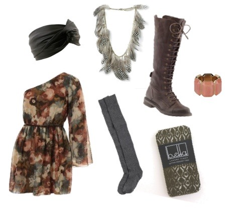 Floral one shoulder dress, long knee grey socks, grey cross cross head piece, brown knee laced boots, pink bangle, black and gray polka dotted feather necklace. And I think those are black and white tights