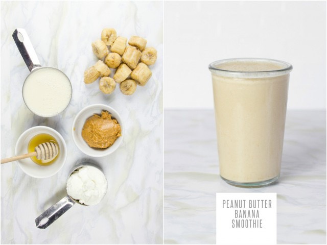 To make it, blend together:
	•	2 frozen bananas
	•	2 tablespoons natural peanut butter
	•	1 cup unsweetened milk (nut, soy, animal)
	•	1/2 cup plain Greek yogurt
	•	Honey or maple syrup, to taste