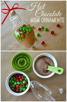 This DIY is pretty self explanatory, all you will need is a light bulb ornament ( or any clear ornament you have ) fill it with hot chocolate powder and green and red m&ms , seal and add a ribbon for decoration!