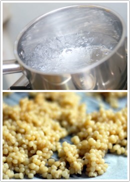 1- Pour the water and the couscous in a medium sized cooking pot. 

2- Put the pot on the stove. 

3- Set the temperature to 6-7 

4- Let it cook following the directions on your couscous box/bag (varies for every brand). Add olives, dry cranberries and peppers.

5- When cooked, turn off the stove. 