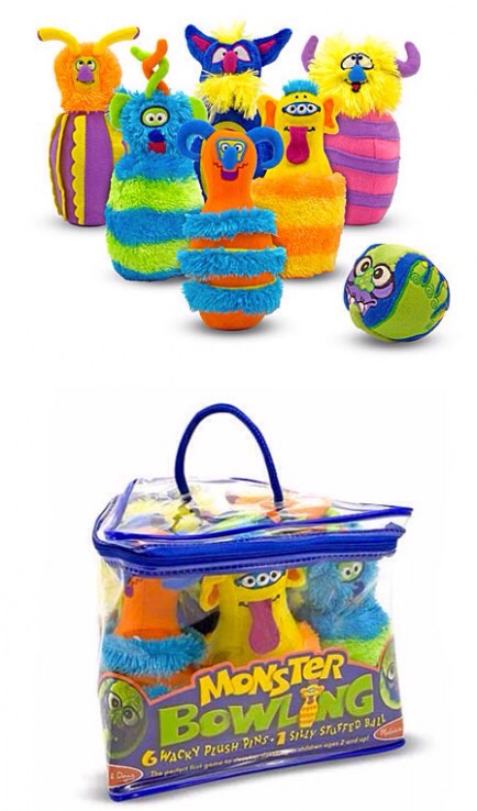 Bowling

Monsters are for anyone, and there's more than just bowling to be had with this cute set. Kids can line them up, knock them down, knock them into each other, and do any number of other crazy activities with these 6 plush monsters and stuffed bowling ball.
