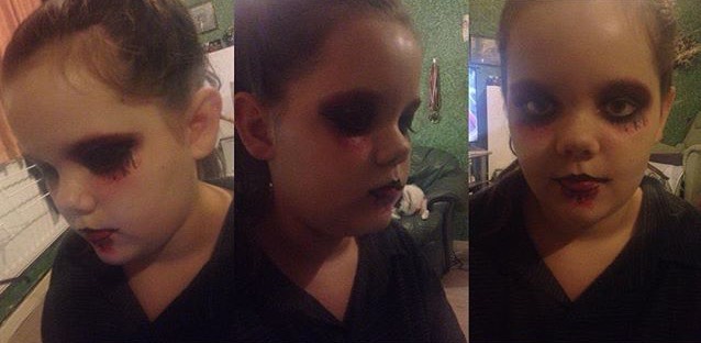 All you need for this amazing halloween make up is a red paint, black shadow, black lip liner, black eyeliner and fake blood. 