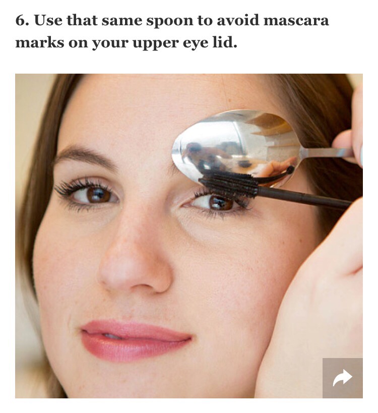 Hold the spoon so it's hugging your eyelid, and then apply your mascara like you normally would. As you sweep the mascara wand against your lashes and back of the spoon, watch as the residue coats the back of the utensil rather than your skin.