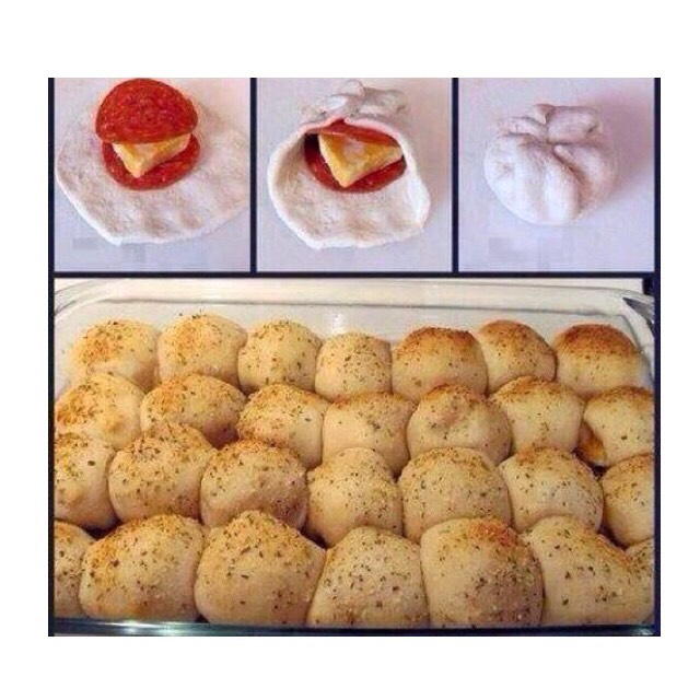 Pizza Balls
1st  choose your toppings (include cheese as a topping) 
2nd layer the toppings on top of each other with the cheese in the middle 
3rd close it with dough
4th (optional) add seasonings to the top (garlic, herbs, etc)
5th bake in the oven at 350 degrees until the dough turns golden brown