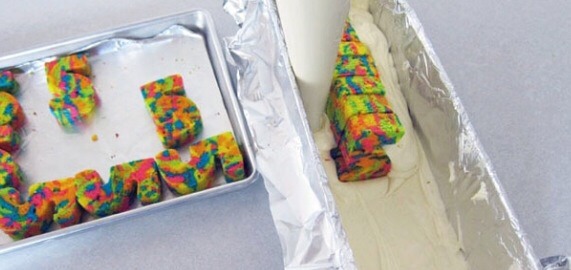 Line up your cut out pieces back to back and pour batter around them for support