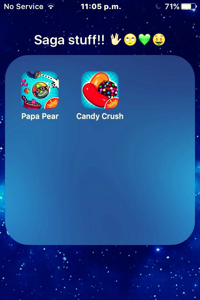So these apps I used to be so addicted to until I move them from my front page because I kinda got to addicted! 
Candy crush❤️get different items to the bottom and clear jelly to pass levels❤️
Papa pear💚shoot pears and complete levels💚
WARNING BOTH ADDICTIVE!!!!‼️