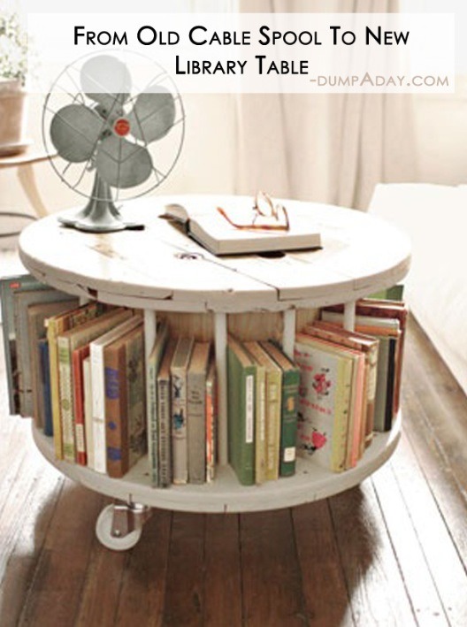 Turn an old wire real into a new rotating library! (Pro tip, add wheels to the base for more fun and easy movement)