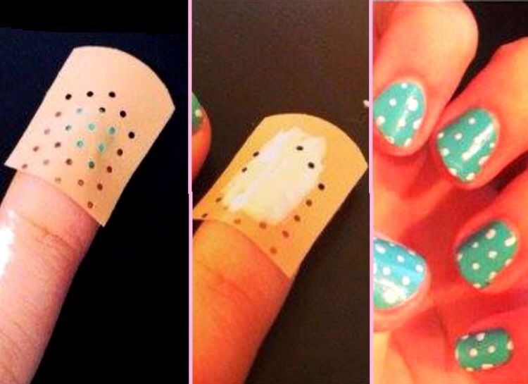 SUPER SIMPLE POLKA DOT NAIL ART
Place the end section of a small plastic bandage over a dry and polished nail. Cover each hole with a contrasting nail polish color. Immediately remove the bandage from each nail and let dry.