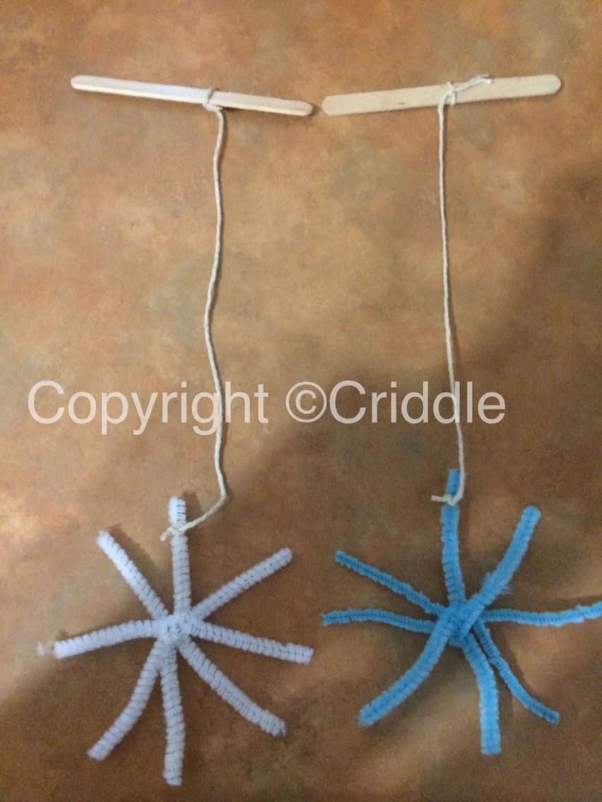 
Cut a white pipe cleaner into 3 equal sections.Twist the sections together in the center so that you have a "six-sided" star shape. 

