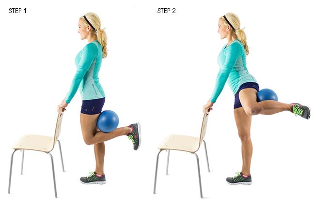 Standing Fire Hydrant with Medicine Ball: You’ll need a sturdy chair and a soft ball for this move. Do it for 30 seconds, switch legs and perform the movement on the opposite leg for another 30 seconds