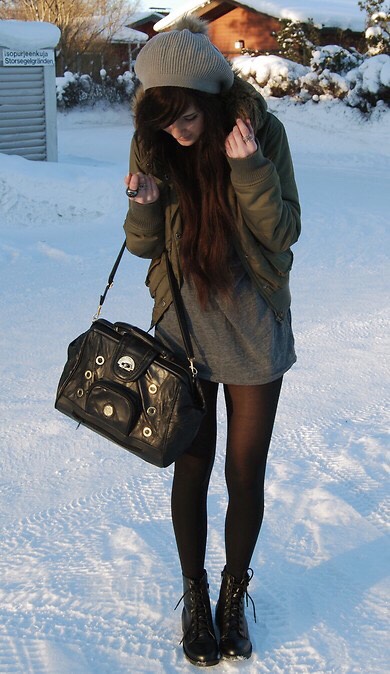 Loose shirt you'll prolly find at home + thin leggings + combat boots + beanie + furry hooded jacket = casual winter outfit