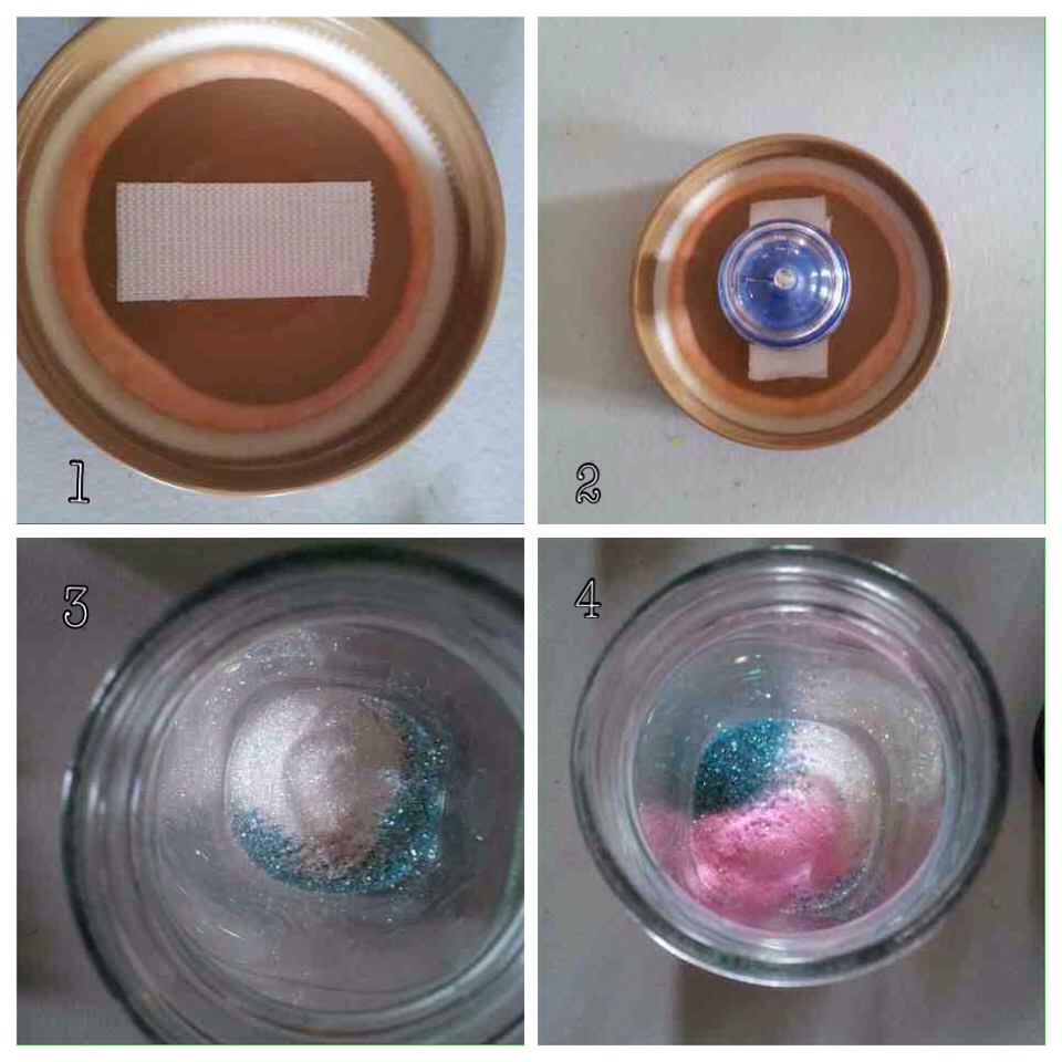 Step 1 & 2: 
Put the velcro on the lid and on the led light


Step 3 & 4: Pour the glitter in [ Use Three different types of glitter for best ]

