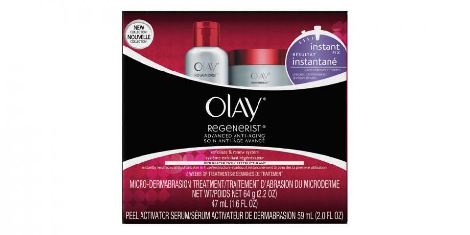 Microdermabrasion and Peel System, OLAY, $23
Want to smooth your skin's rough texture and lighten sun spots at home for a more even skin tone? Now you can, thanks to this two-step, dermatologist-recommended, alphy hydroxy acid-packed kit.