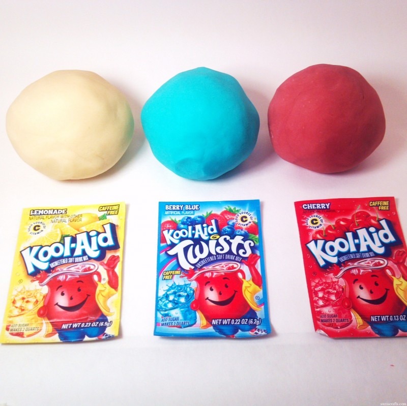 Kool aid play dough: 1 Cup Flour
¼ Cup Salt
1 Packet Kool-Aid
⅔ Cup Water *You will end up using between ½ and ⅔ cup.
1 Tb. Oil. Mix the flour, salt and kool aid together. Seperately mix oil and boiling water. Pour water into dry ingredients while stirring. Only add water until mixture is dough.