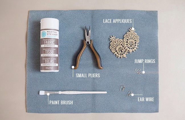 Materials 
• Martha Stewart Fabric Stiffener
• 2 beautiful lace appliques (these were purchased from Mary, Not Martha)
• small paint brush
• small pliers
• 4 open jump rings (jump rings come in two forms, open and closed, meaning one can be opened and the other is a solid piece of metal)
•2 ear wire