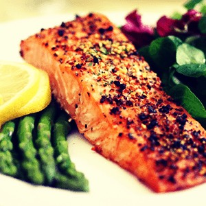 Salmon has omega 3 fatty acids that your your body needs daily. Plus is a great source of protein. Add a side of steam asparagus and some fresh spinach. Quick and healthy easy salmon dinner! 