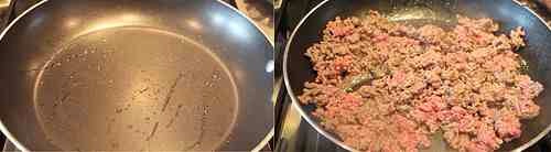 In a pan cook the ground beef, and season with salt and pepper. Drain.

