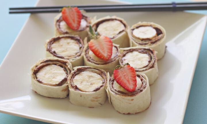 Nutella and Banana Sushi
Ingredients:
	•	2 tortillas 
	•	4 tbsp Nutella
	•	2 bananas
