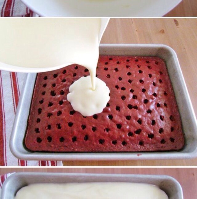 Pour the pudding over the cake.