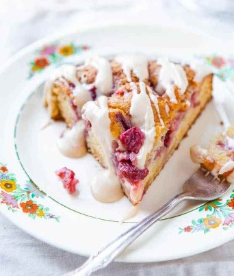 Strawberries And Cream Coffee Cake With Vanilla Cream Cheese Glaze!
