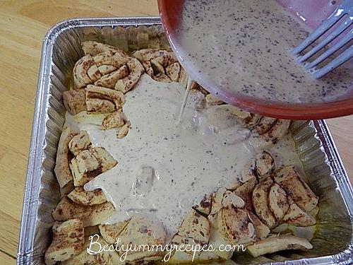 Pour over cut pieces of cinnamon roll pieces.