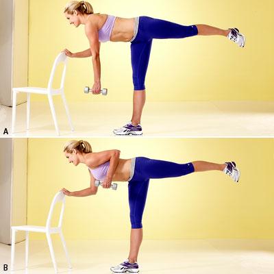 Single-Leg Dumbbell Row

Works back, shoulders, biceps, abs, quadriceps, hamstrings, butt 