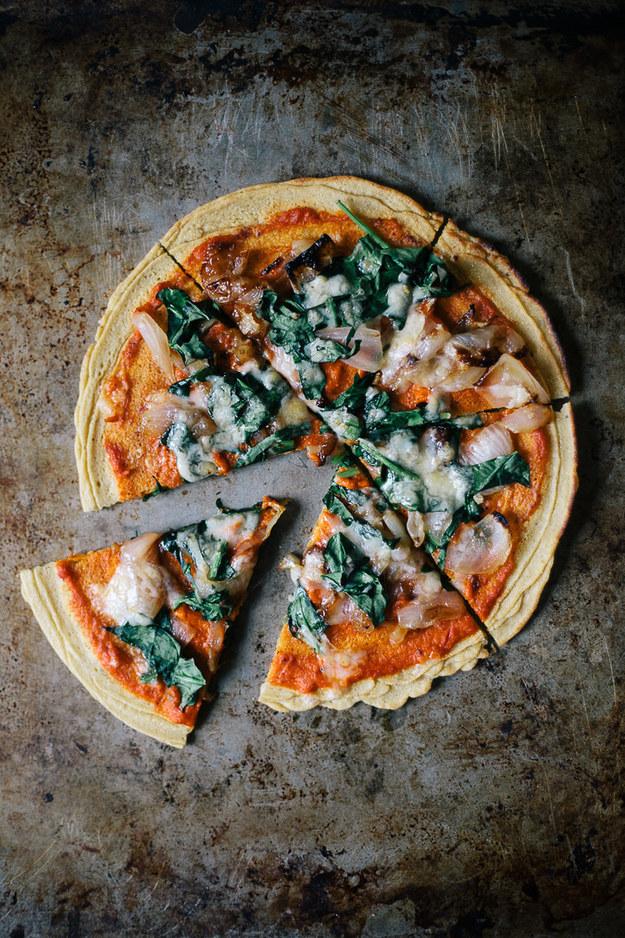 7. Chickpea Crust Pizza with Harissa and Spinach 