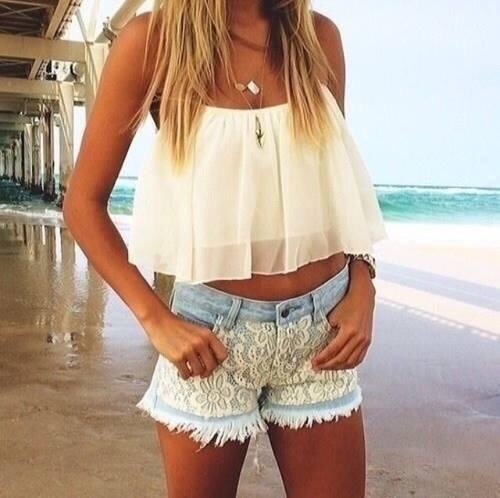Lace shorts + white tank + straight hair = Girly Fashion