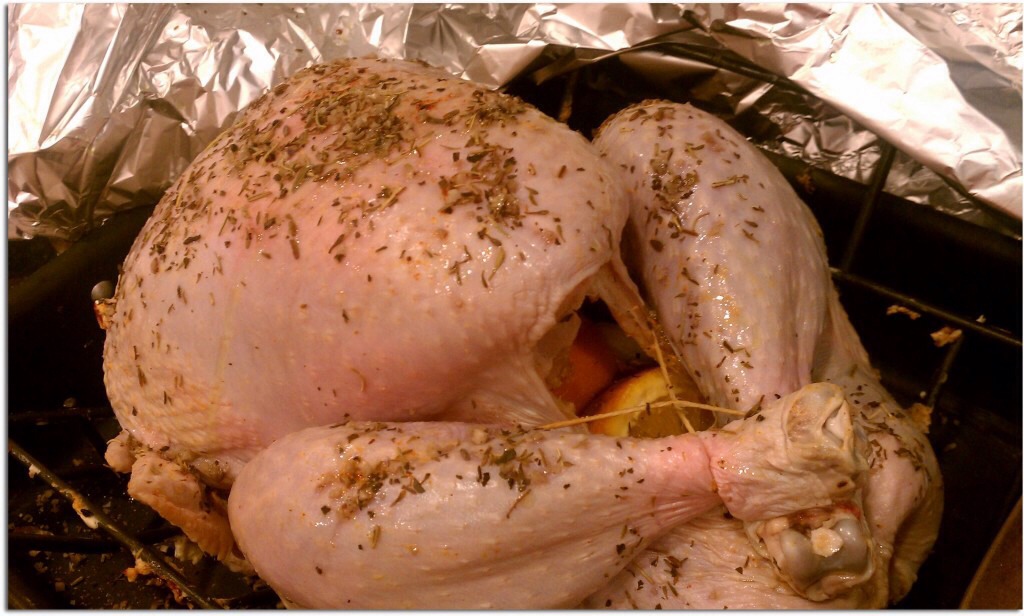 Don't truss the legs together too tightly because it means the legs then take longer to cook, causing the breast meat to be overdone sometimes. It's sometimes best to cook it with no trussing.