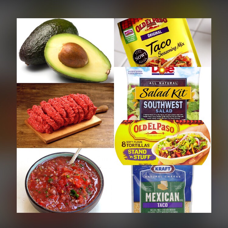 7 easy to obtain, pre-packaged ingredients.

1) Ground beef (OR USE: preferred meat)
2) Salsa (Flavor optional - use/make your favorite)
3) Avocado (Optional - great taste)
4) El Paso Seasoning (Any flavor)
5) Dole Southwest salad kit
6) Kraft Mexican Taco Cheese
7) El Paso Stand'n'Stuff Tortillas