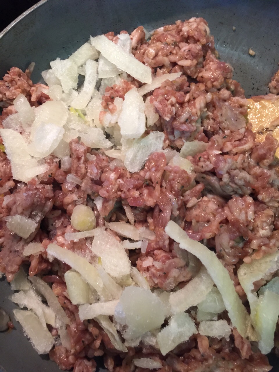 Meat and chopped onion
( I chop & freeze so I always have chopped onions on hand!)
