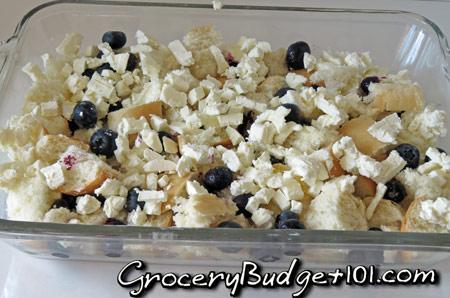 top with remaining bread cubes.

make ahead french toast bake
In a large bowl, mix the eggs, heavy cream, vanilla extract, maple syrup, cinnamon & nutmeg using a hand mixer until it is completely incorporated and well blended.

Pour over the bread cubes.