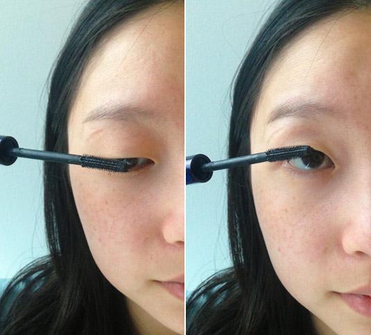 5. Coat both sides of your lashes to thicken them. If you have thin or light-colored lashes, coat both sides by alternating between looking up and looking down while applying mascara. That way, the hairs are fully covered and appear much thicker.