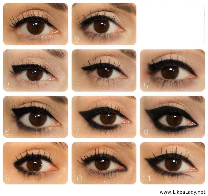 Now, you put on eyeliner. I like small cat eyes, or just a simple line if it's earlier in the day. 