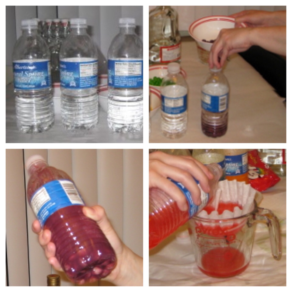 -> Step 2: Setting up your Infusion Bottles
--> Fill water bottles with 6 ounces of vodka each
-> Step 3: Add the Skittles
-> Step 4: Shake them
-> Step 5: Strain
--> Use coffee filters or paper towel
-> Step 6: Chill and Serve