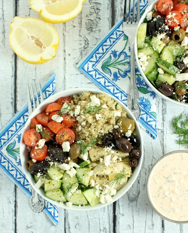 Loaded Greek-Style Quinoa Bowls with Chunky Feta & Spicy Tzatziki