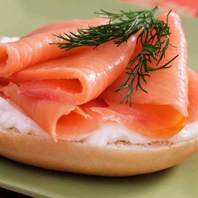 Smoked Salmon on a Bagel

Top half of a small bagel with one ounce of smoked salmon for a savory treat!