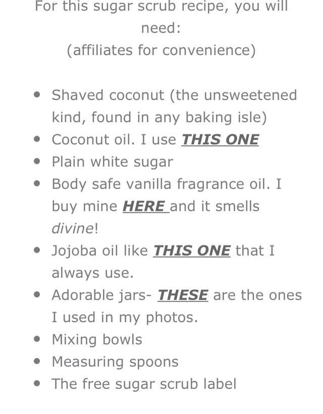 http://www.smartschoolhouse.com/diy-crafts/shaved-coconut-sugar-scrub/2

Click here to see product brands she used!