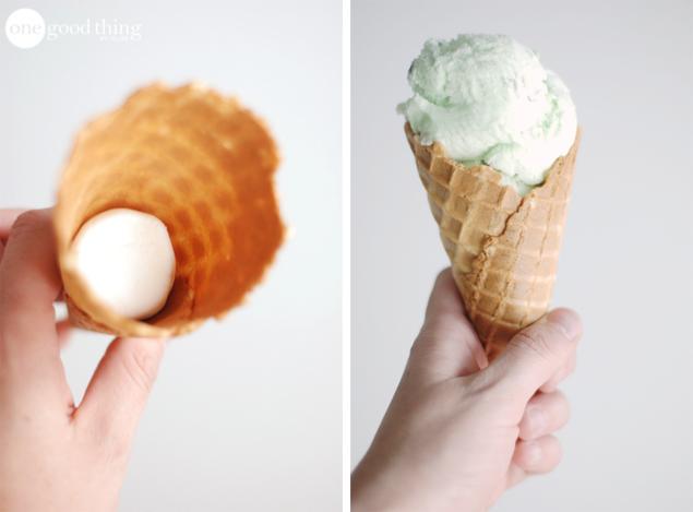 Put a marshmallow in the bottom of ice cream cones before filling them. The marshmallow stops ice cream from dripping out the bottom of the cone