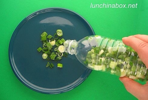 Freeze green onions in a plastic bottle.
Make sure the green onions are completely dry before storing or they'll get freezer burn.