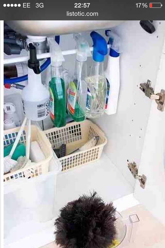 10- under sink rod- Help free up some space and give those spray bottles easy access by placing a tension rod under your kitchen sink!
