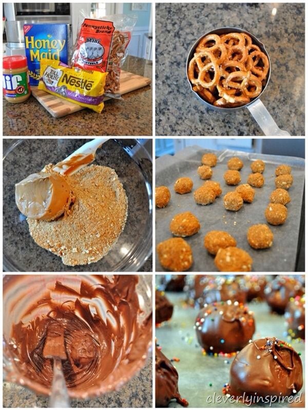 Use any simple peanut butter ball recipe but before dipping in chocolate dip into a finely crushed bowl of pretzels. Refer to pic👍
