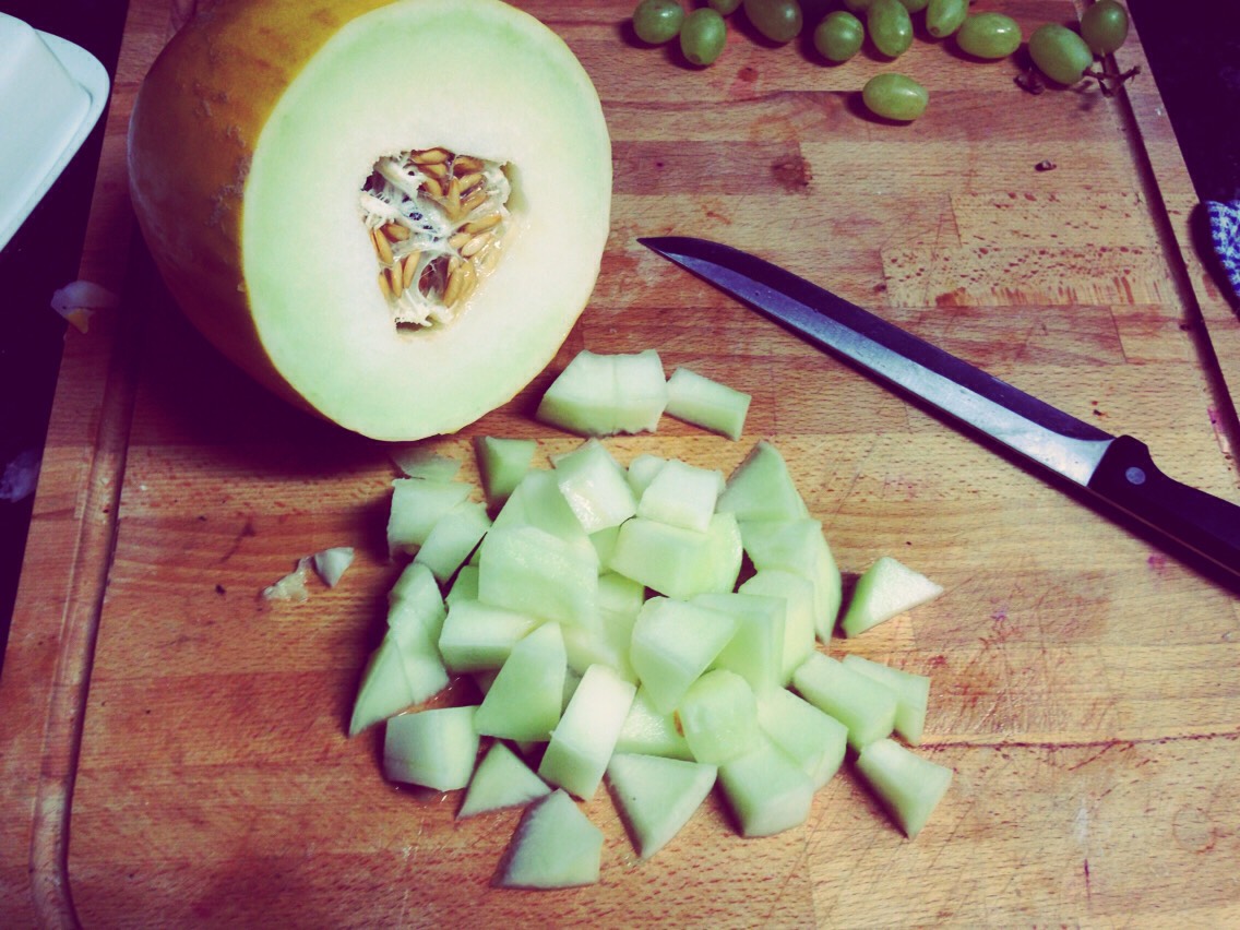 Chop quarter of a melon (honey due is good for sweetness) or you can pick your own or how much you want to add