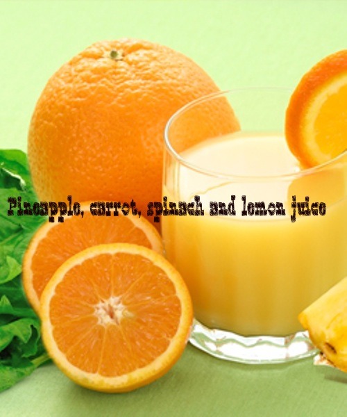 1/4 of a large pineapple, peeled cored and cut into cubes
1 carrot
2 cups spinach
½ lemon
Wash your fruits and veggies and cut them to size of your juicer. Put the pineapple, carrot, spinach and lemon into a juicer. Pour into a glass and drink immediately.