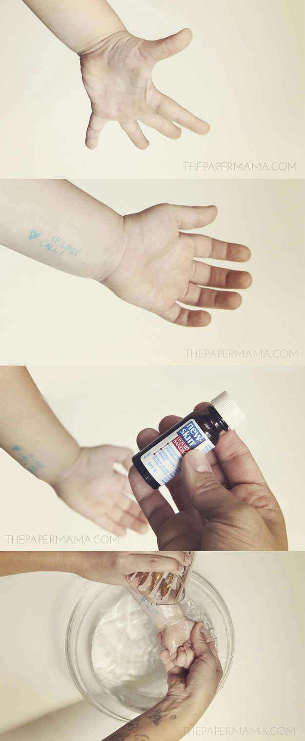 Liquid bandage will seal in a temporary safety tattoo with contact info