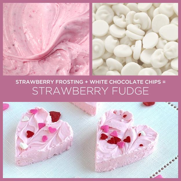 Can of Strawberry Frosting + White Chocolate Chips = Strawberry Fudge